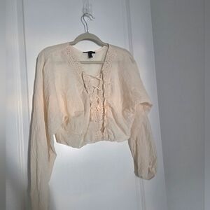 Forever 21 Cream Lace-Up Cropped Peasant Blouse